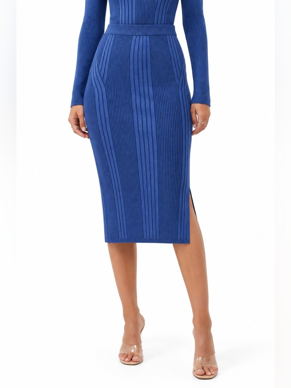 French Connection Mari Rib Stitch Midi Sweater Skirt Blue Size M